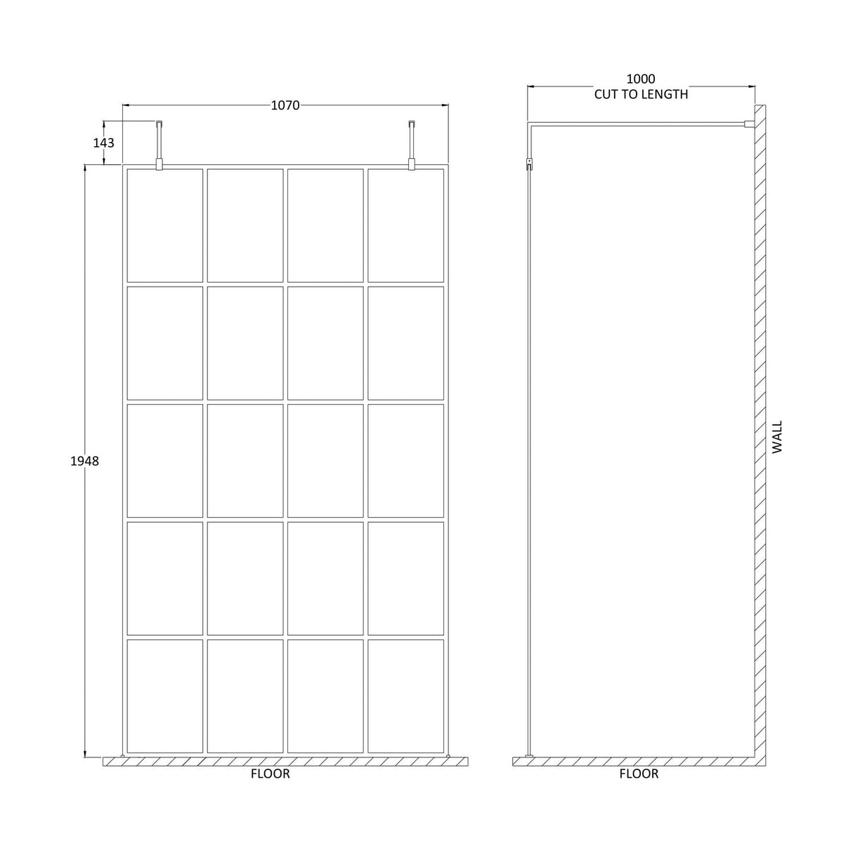 [BEFAF1100MB] Balterley Contemporary Bathroom 8mm Framed Wetroom Screen with Arms and Feet, Matt Black, 1950 x 700 x 14mm - Technical Drawing