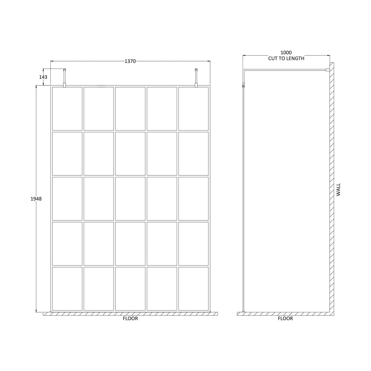[BEFAF1400MB] Balterley Contemporary Bathroom 8mm Framed Wetroom Screen with Arms and Feet, Matt Black, 1950 x 700 x 14mm - Technical Drawing