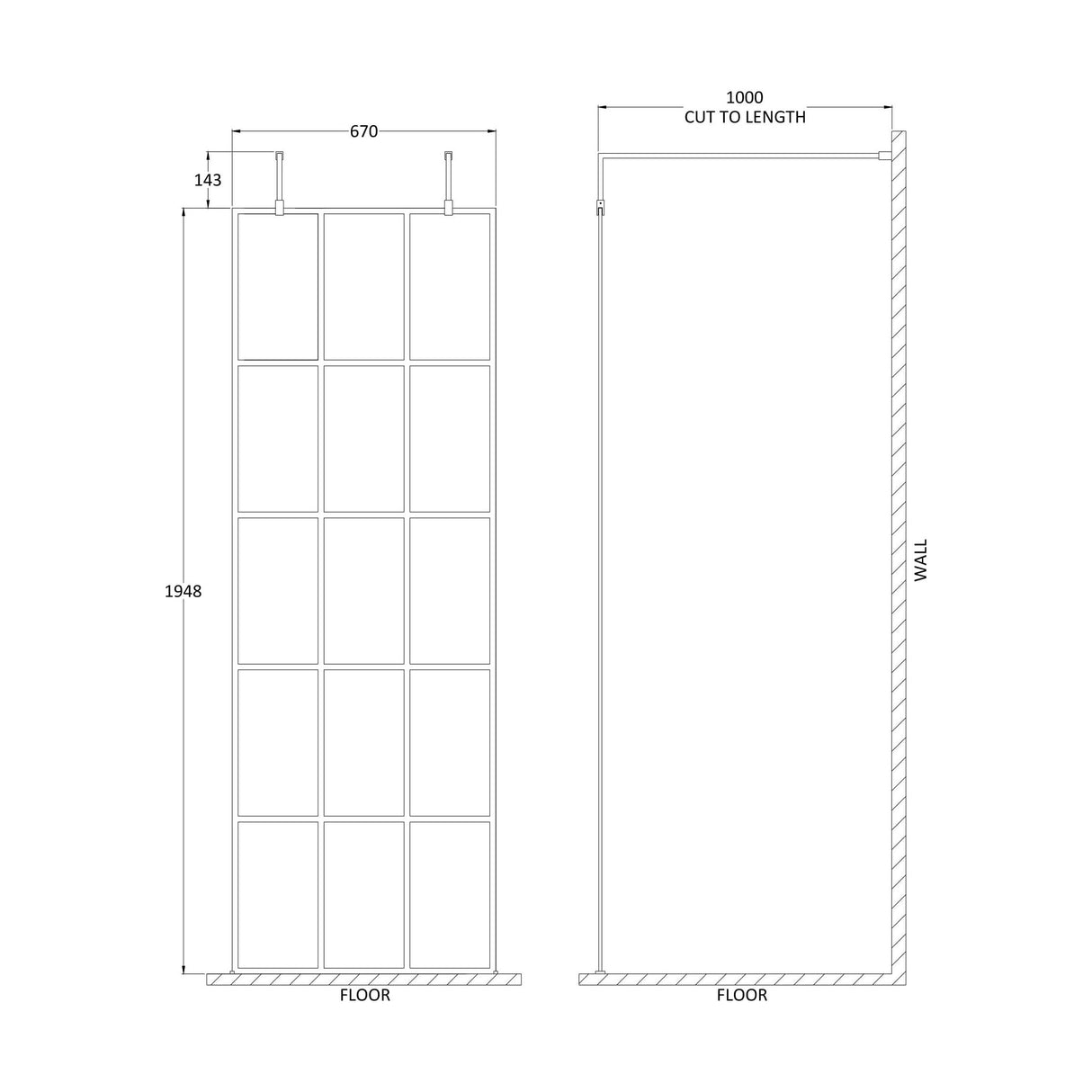 [BEFAF700MB] Balterley Contemporary Bathroom 8mm Framed Wetroom Screen with Arms and Feet, Matt Black, 1950 x 700 x 14mm - Technical Drawing