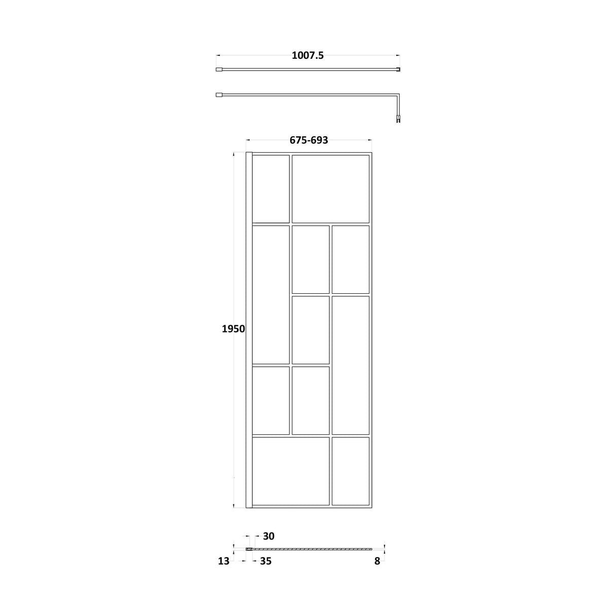 [BEFB070] Balterley Contemporary Bathroom Abstract Frame Design 8mm Glass Wetroom Screen, 1950 x 700 x 14mm, Matt Black - Technical Drawing