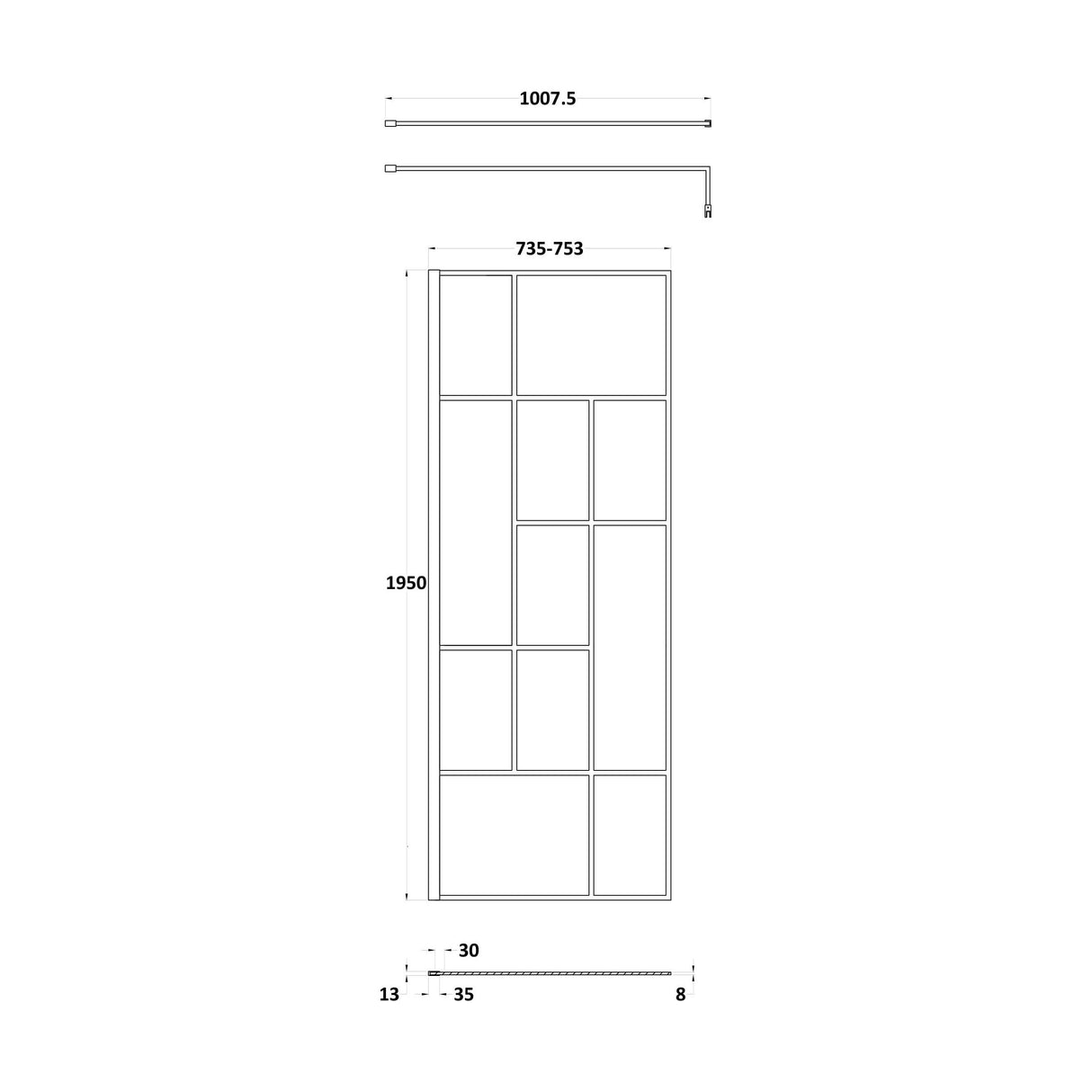 [BEFB076] Balterley Contemporary Bathroom Abstract Frame Design 8mm Glass Wetroom Screen, 1950 x 700 x 14mm, Matt Black - Technical Drawing