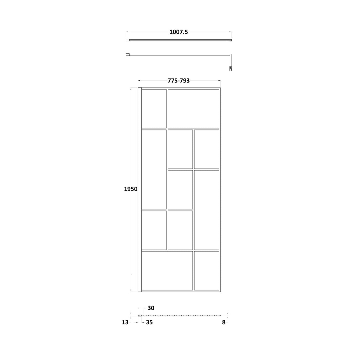 [BEFB080] Balterley Contemporary Bathroom Abstract Frame Design 8mm Glass Wetroom Screen, 1950 x 700 x 14mm, Matt Black - Technical Drawing