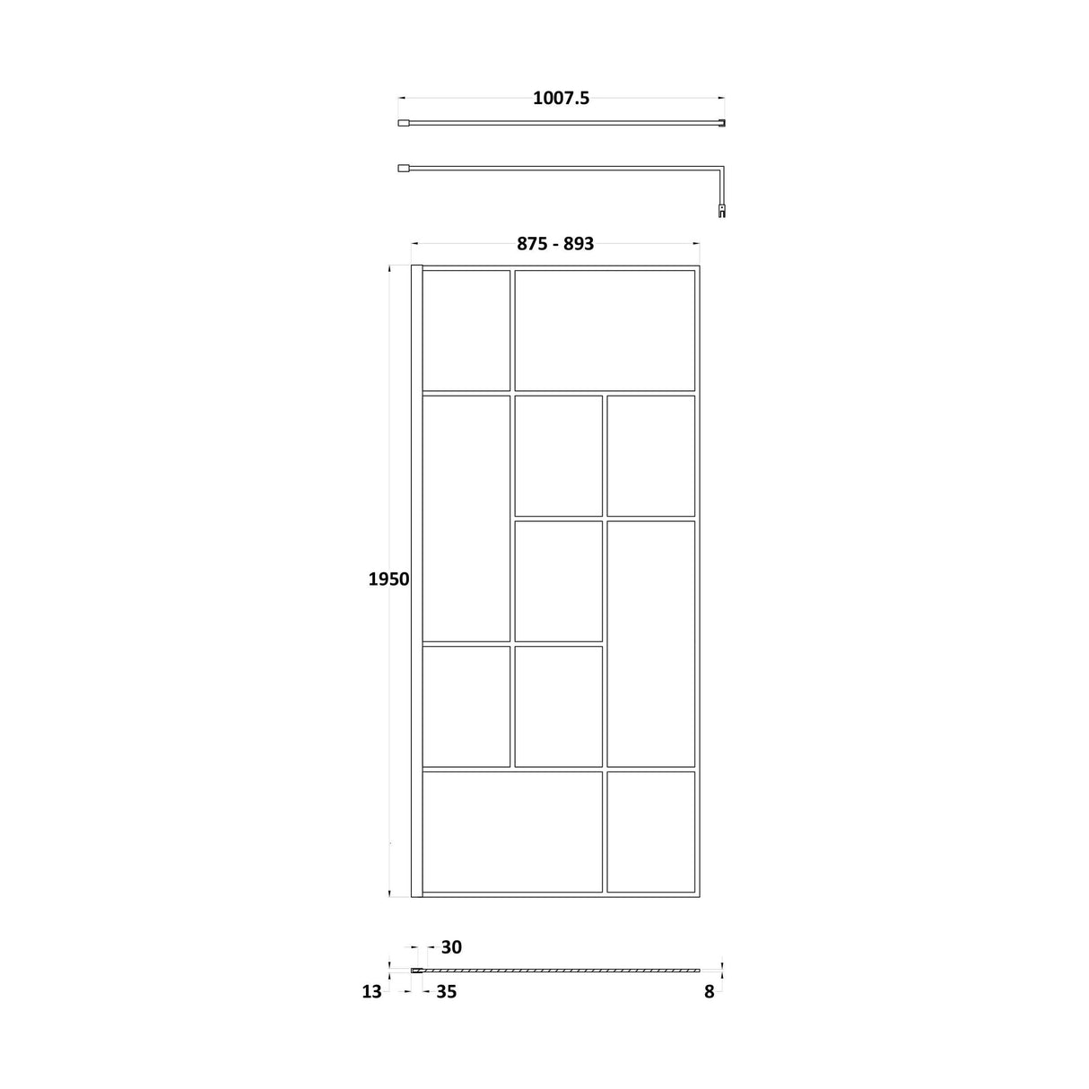 [BEFB090] Balterley Contemporary Bathroom Abstract Frame Design 8mm Glass Wetroom Screen, 1950 x 700 x 14mm, Matt Black - Technical Drawing