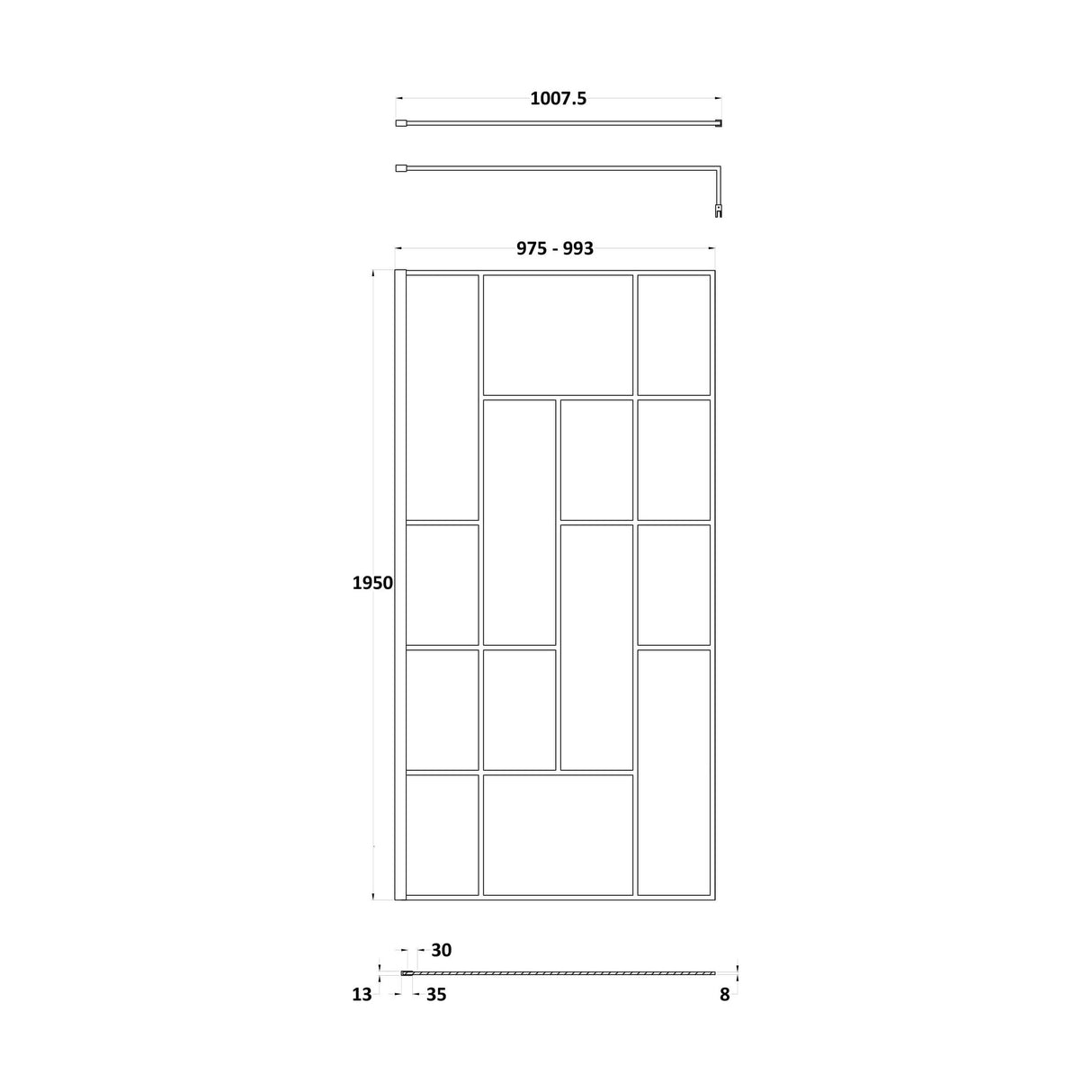 [BEFB10] Balterley Contemporary Bathroom Abstract Frame Design 8mm Glass Wetroom Screen, 1950 x 700 x 14mm, Matt Black - Technical Drawing