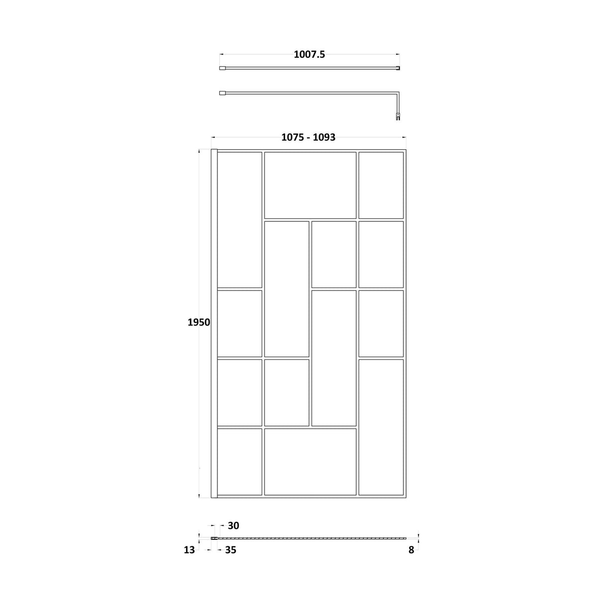 [BEFB11] Balterley Contemporary Bathroom Abstract Frame Design 8mm Glass Wetroom Screen, 1950 x 700 x 14mm, Matt Black - Technical Drawing