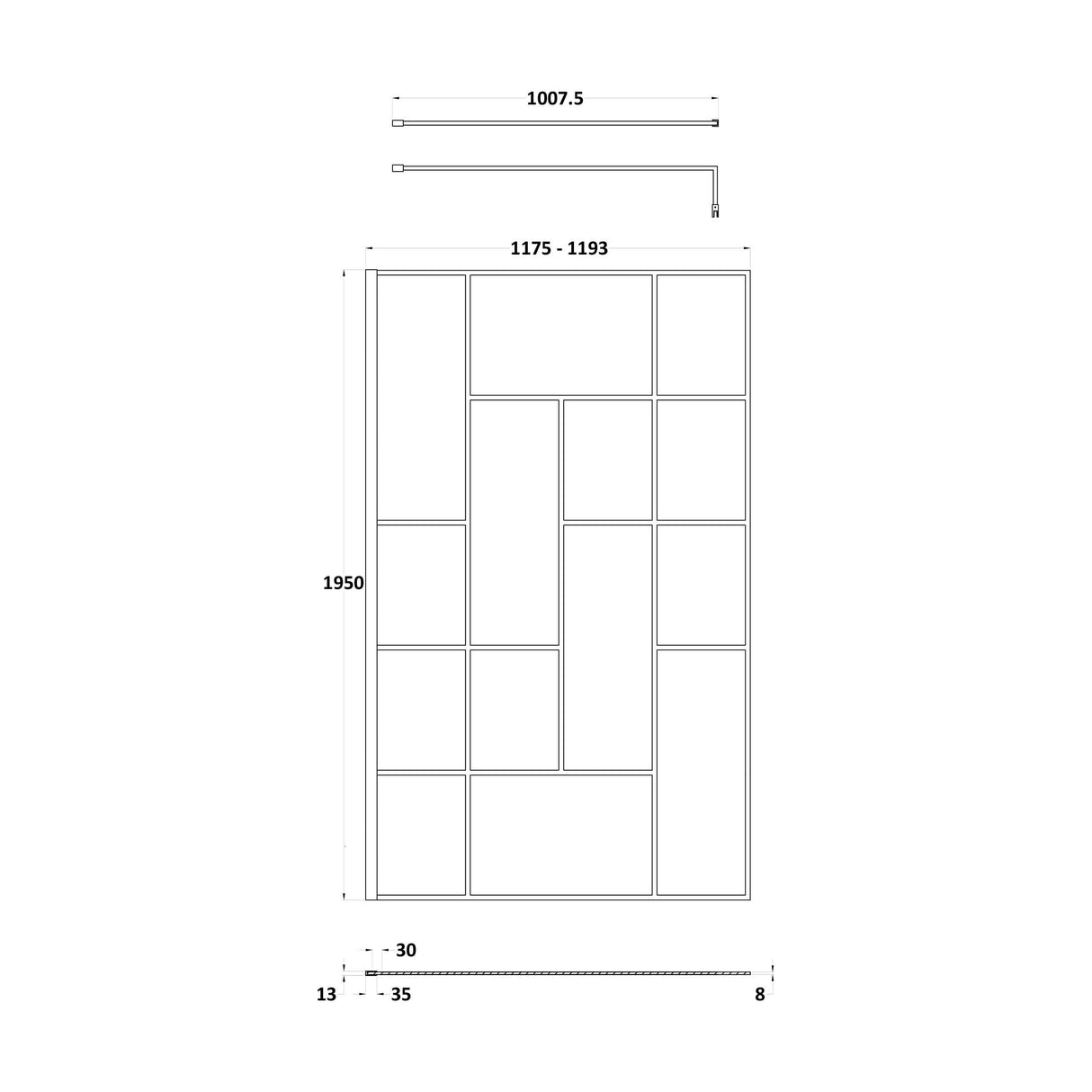[BEFB12] Balterley Contemporary Bathroom Abstract Frame Design 8mm Glass Wetroom Screen, 1950 x 700 x 14mm, Matt Black - Technical Drawing