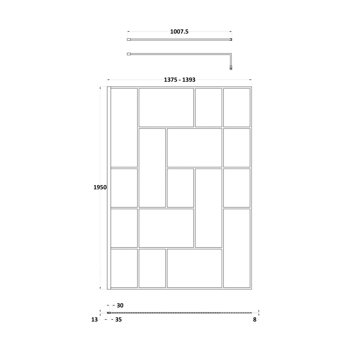 [BEFB14] Balterley Contemporary Bathroom Abstract Frame Design 8mm Glass Wetroom Screen, 1950 x 700 x 14mm, Matt Black - Technical Drawing