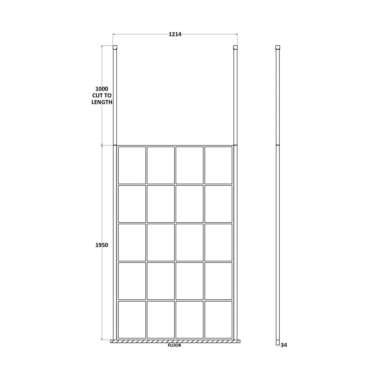 [BEFCP1200MB] Balterley Contemporary Bathroom 8mm Profile Wetroom Screen with Ceiling Posts, Matt Black, 1950 x 700 x 14mm - Technical Drawing
