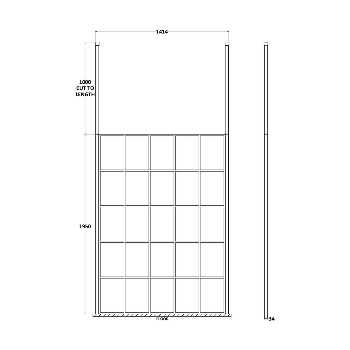 [BEFCP1400MB] Balterley Contemporary Bathroom 8mm Profile Wetroom Screen with Ceiling Posts, Matt Black, 1950 x 700 x 14mm - Technical Drawing