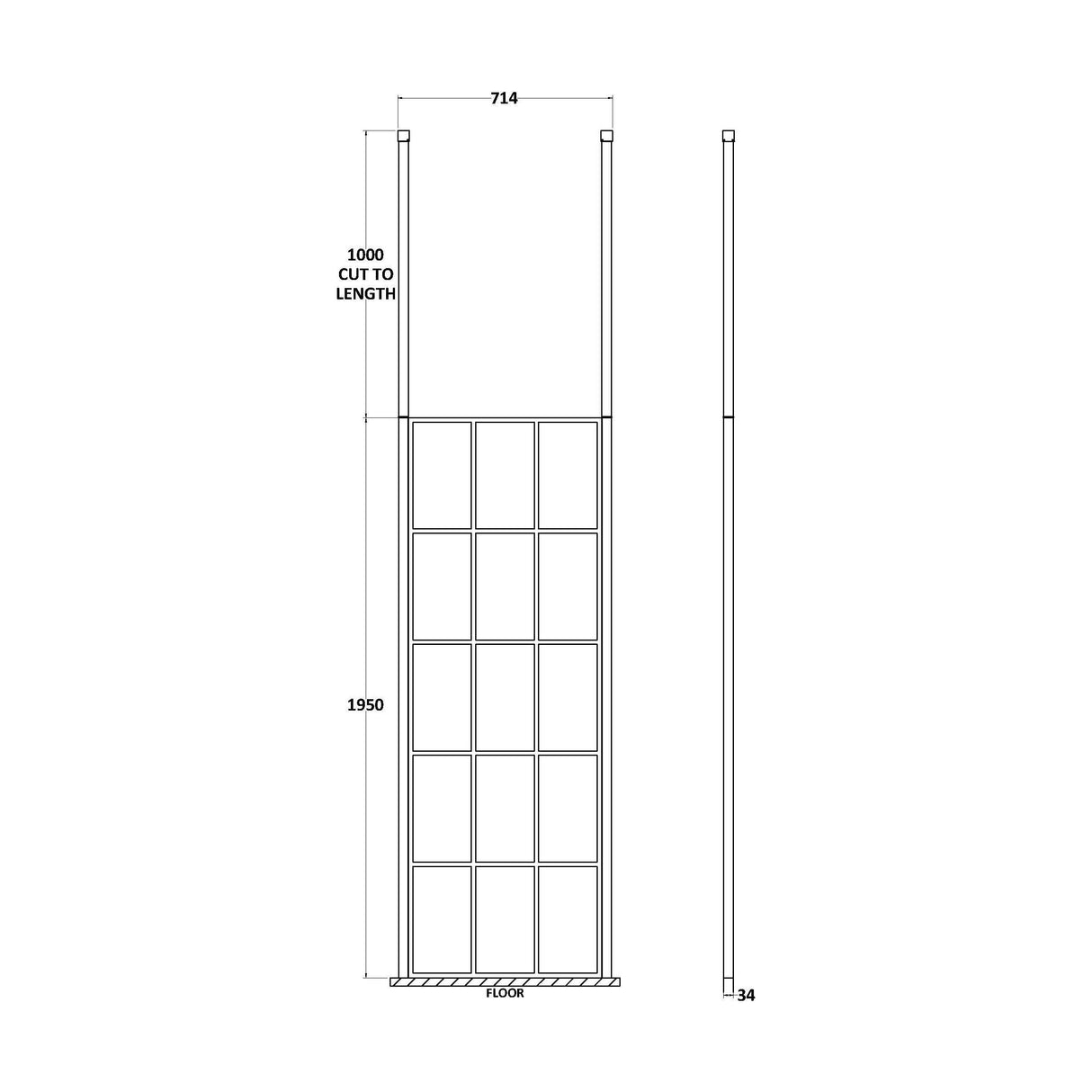 [BEFCP700MB] Balterley Contemporary Bathroom 8mm Profile Wetroom Screen with Ceiling Posts, Matt Black, 1950 x 700 x 14mm - Technical Drawing