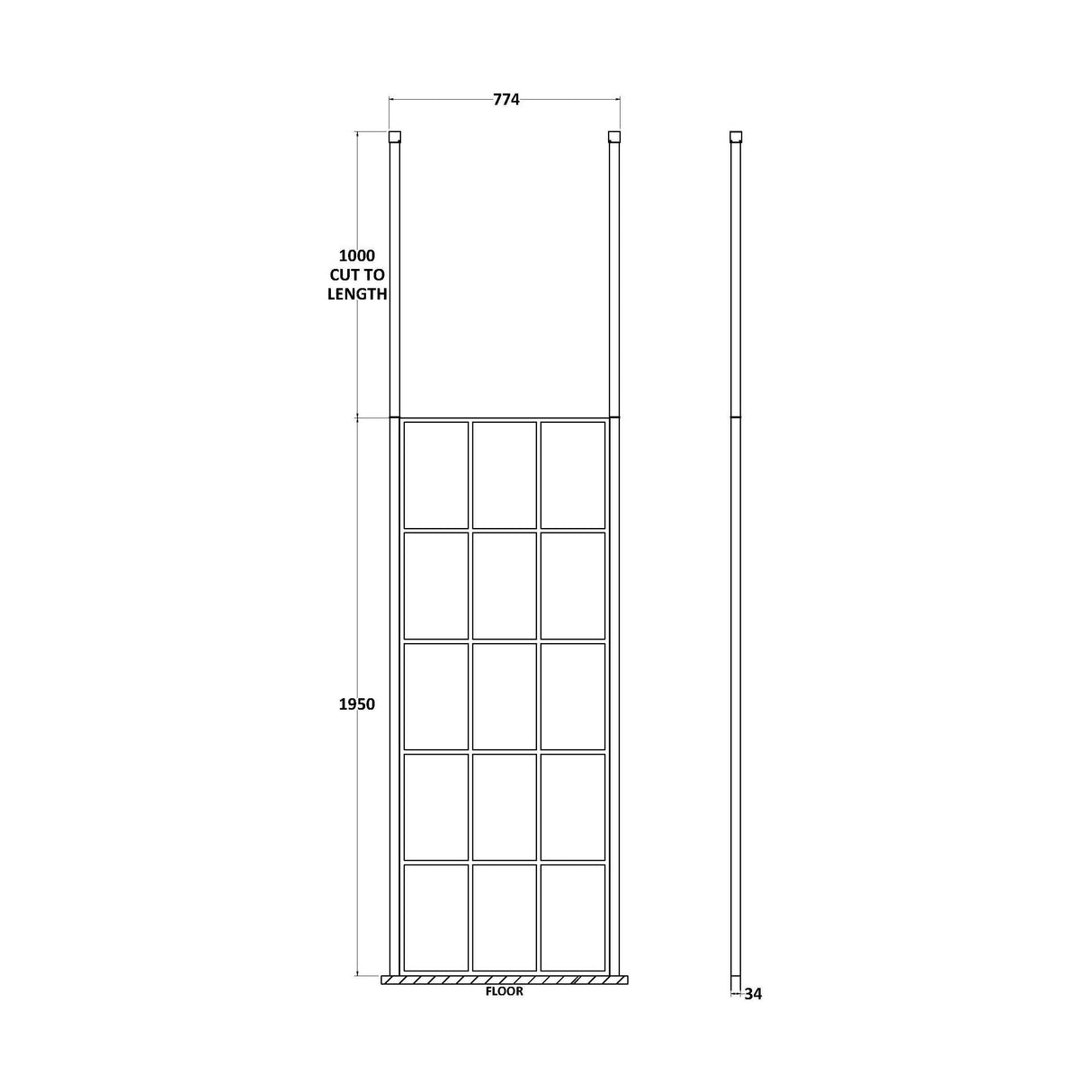 [BEFCP760MB] Balterley Contemporary Bathroom 8mm Profile Wetroom Screen with Ceiling Posts, Matt Black, 1950 x 700 x 14mm - Technical Drawing