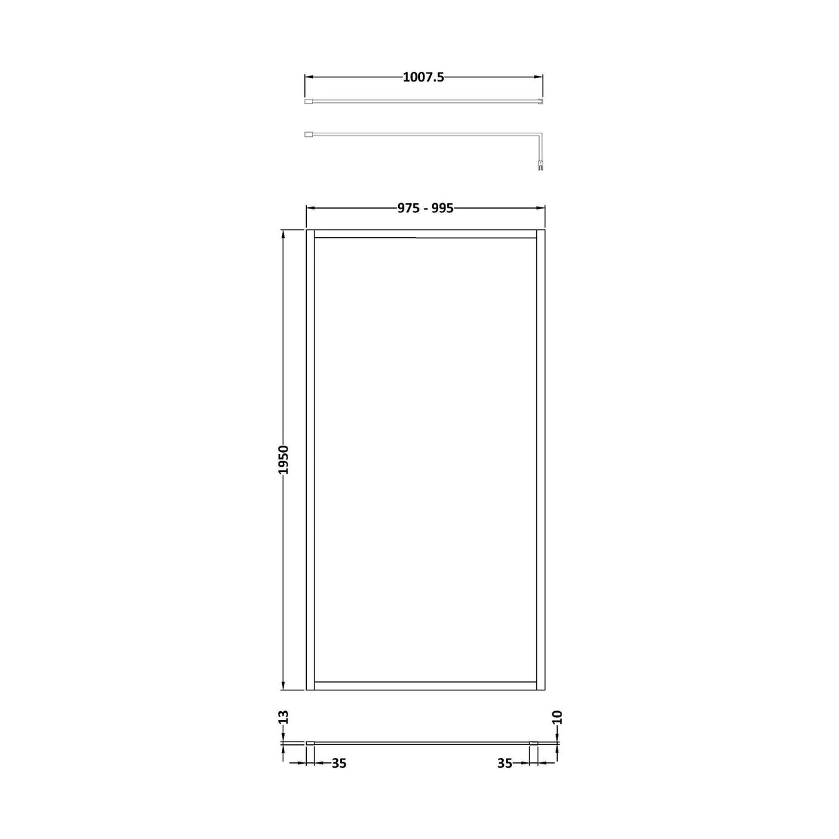 [BEFF1000MB] Balterley Contemporary Bathroom 8mm Glass Full Outer Frame Wetroom Screen, Matt Black, 1950 x 1000 x 8mm - Technical Drawing