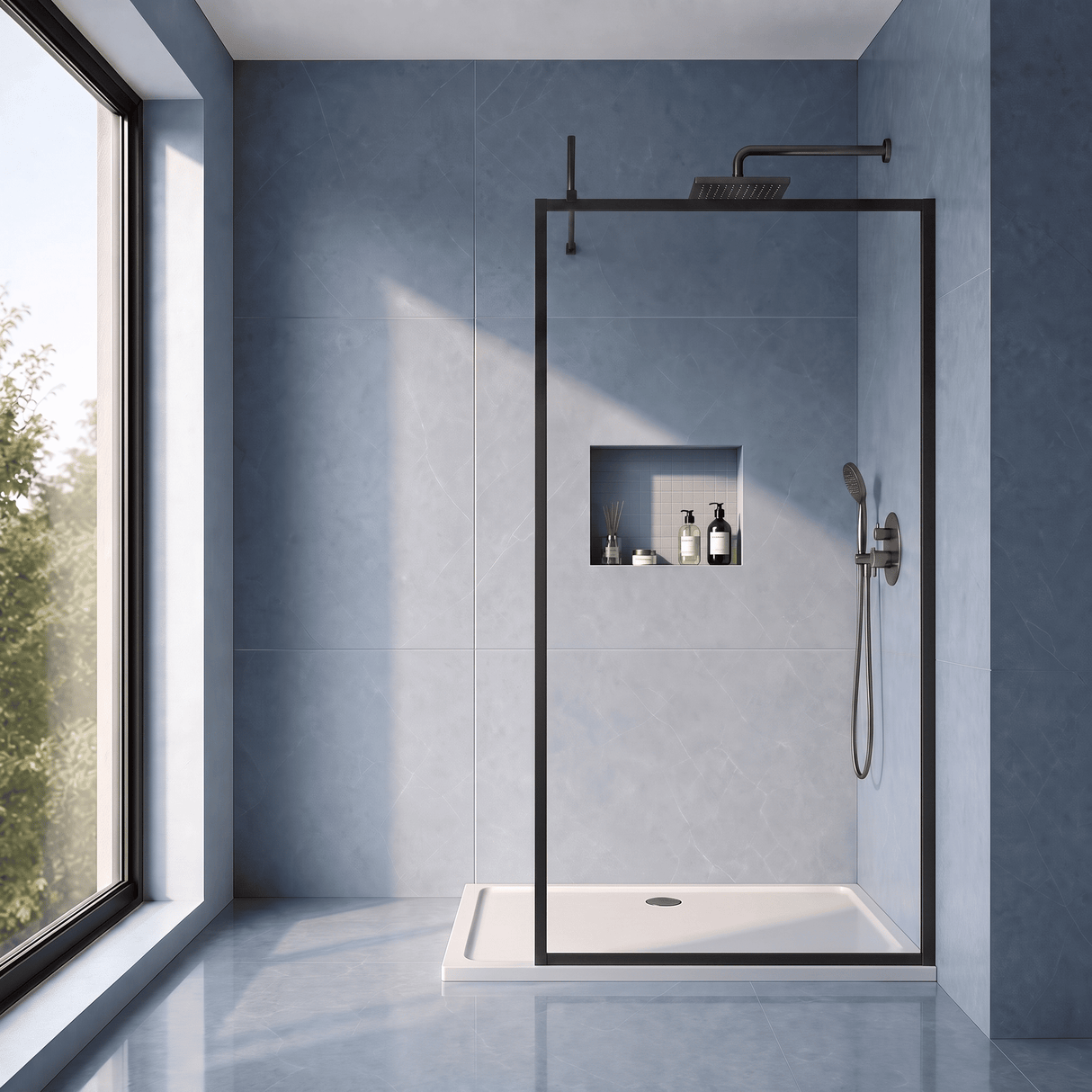 [BEFF1000MB] Bilbrook 8mm Toughened Safety Glass Full Outer Framed Wetroom Screen with Support Arm, H: 1950mm, Choice of Size and Colour - Silo