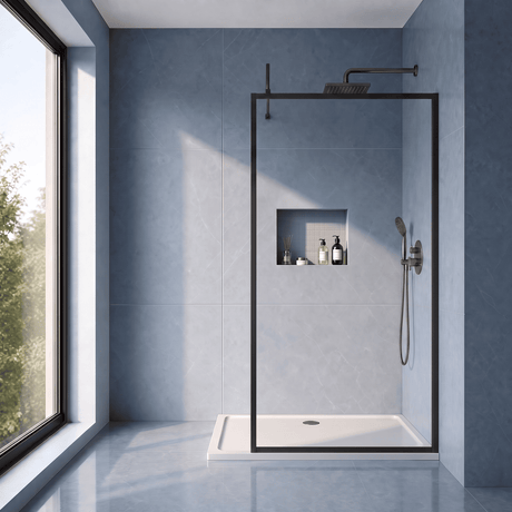 [BEFF1000MB] Bilbrook 8mm Toughened Safety Glass Full Outer Framed Wetroom Screen with Support Arm, H: 1950mm, Choice of Size and Colour - Silo