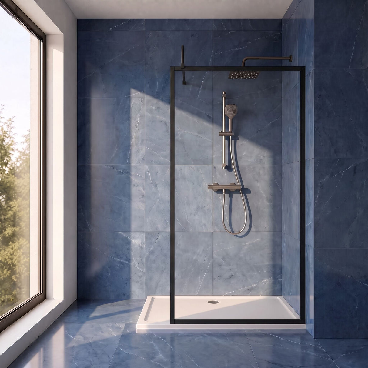 [BEFF1100MB] Bilbrook 8mm Toughened Safety Glass Full Outer Framed Wetroom Screen with Support Arm, H: 1950mm, Choice of Size and Colour - Silo