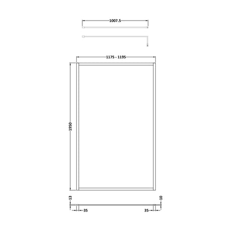 [BEFF1200BB] Balterley Contemporary Bathroom 8mm Glass Full Outer Frame Wetroom Screen, Brushed Brass, 1950 x 1200 x 1000mm - Technical Drawing