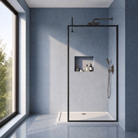 [BEFF1810BP] Bilbrook Contemporary 8mm Toughened Safety Glass Outer Framed Wetroom Screen with Support Arm, H: 1850mm, Choice of Size and Finish - Silo