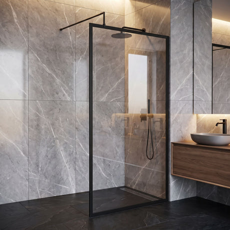 [BEFF1811BP] Bilbrook Contemporary 8mm Toughened Safety Glass Outer Framed Wetroom Screen with Support Arm, H: 1850mm, Choice of Size and Finish - Silo