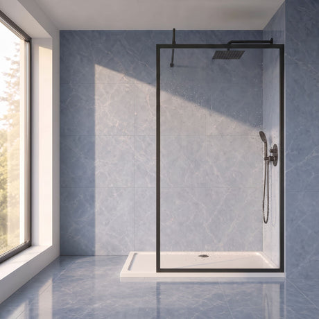 [BEFF1812BP] Bilbrook Contemporary 8mm Toughened Safety Glass Outer Framed Wetroom Screen with Support Arm, H: 1850mm, Choice of Size and Finish - Silo