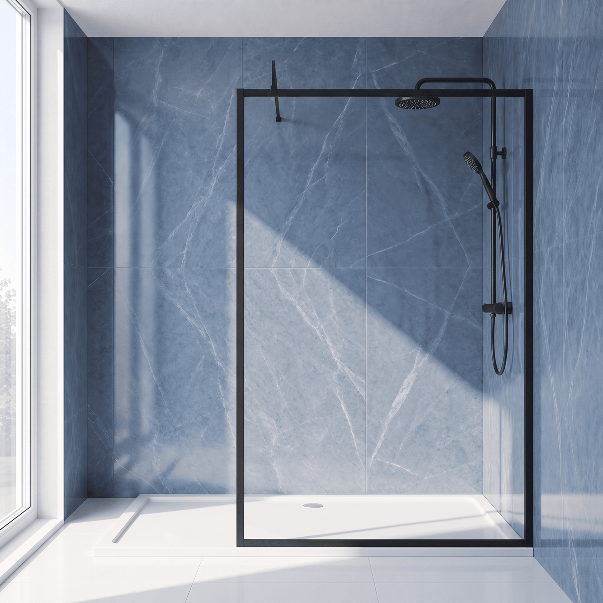 [BEFF1814BP] Bilbrook Contemporary 8mm Toughened Safety Glass Outer Framed Wetroom Screen with Support Arm, H: 1850mm, Choice of Size and Finish - Silo