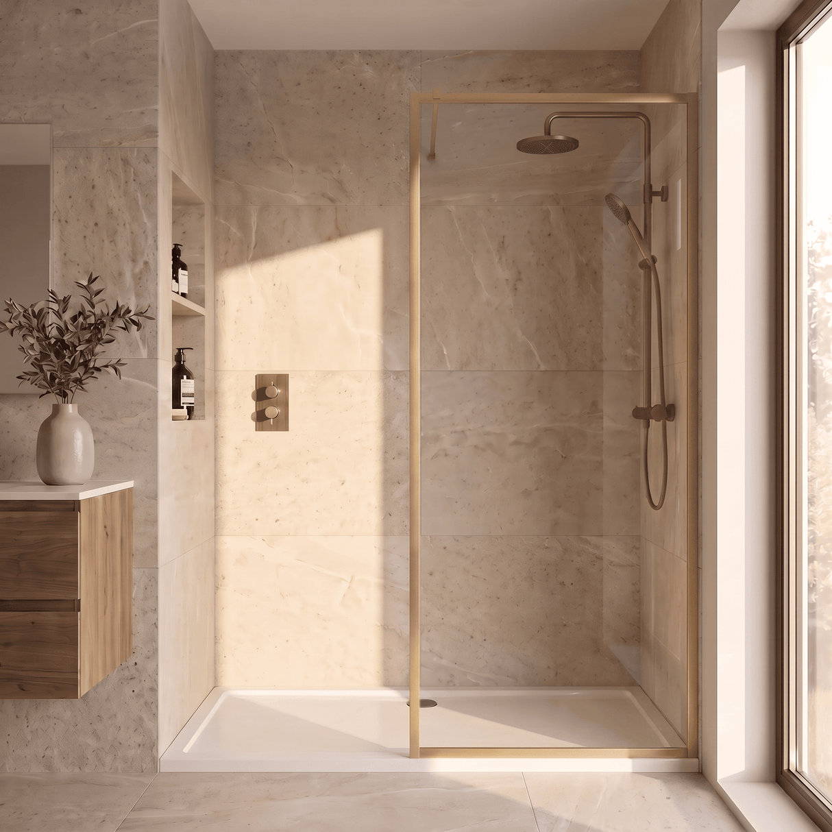 [BEFF1870BB] Bilbrook Contemporary 8mm Toughened Safety Glass Outer Framed Wetroom Screen with Support Arm, H: 1850mm, Choice of Size and Finish