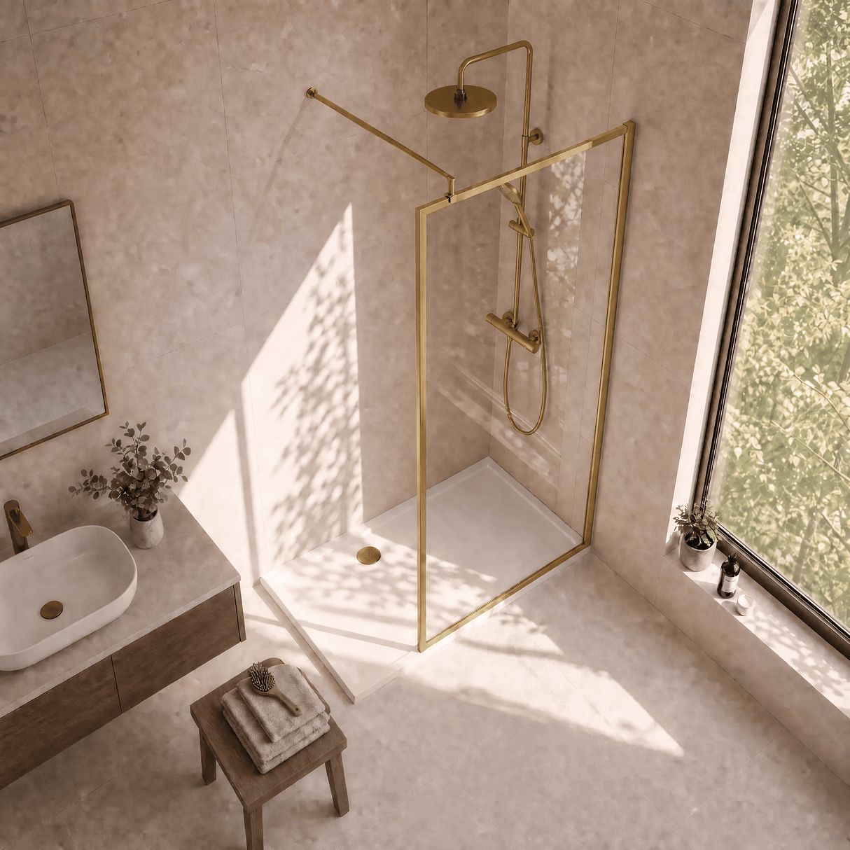 [BEFF1870BB] Bilbrook Contemporary 8mm Toughened Safety Glass Outer Framed Wetroom Screen with Support Arm, H: 1850mm, Choice of Size and Finish