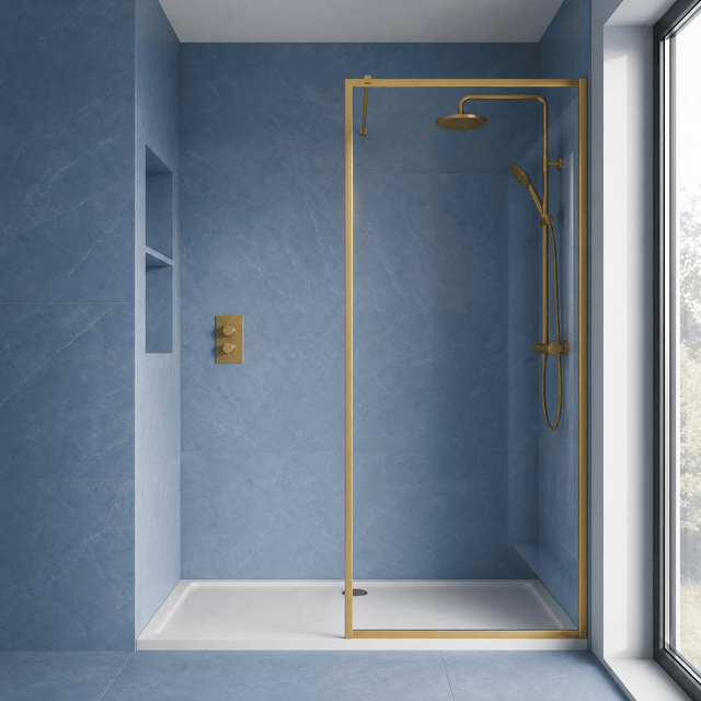 [BEFF1870BB] Bilbrook Contemporary 8mm Toughened Safety Glass Outer Framed Wetroom Screen with Support Arm, H: 1850mm, Choice of Size and Finish - Silo