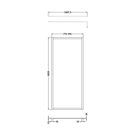 [BEFF1880BP] Balterley 8mm Toughened Safety Glass Wetroom Screen with Support Bar: 800mm, Black - Technical Drawing