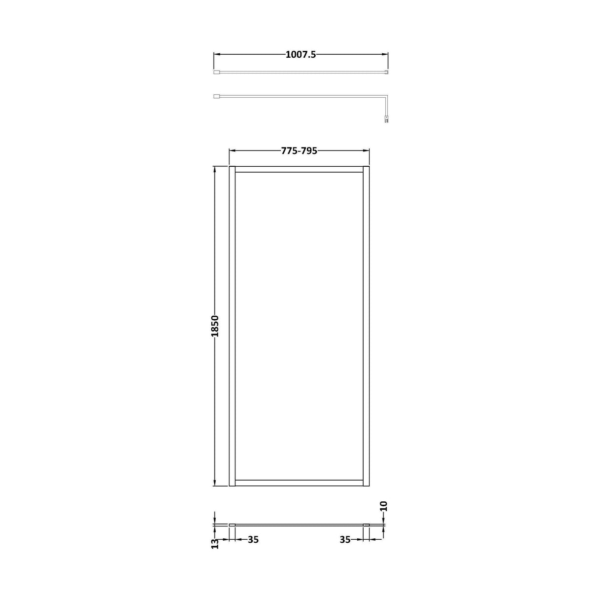 [BEFF1880BP] Bilbrook Contemporary 8mm Toughened Safety Glass Outer Framed Wetroom Screen with Support Arm, H: 1850mm, Choice of Size and Finish - Technical Drawing