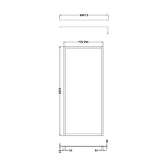 [BEFF1880BP] Bilbrook Contemporary 8mm Toughened Safety Glass Outer Framed Wetroom Screen with Support Arm, H: 1850mm, Choice of Size and Finish - Technical Drawing