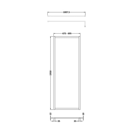 [BEFF700MB] Balterley Contemporary Bathroom 8mm Glass Full Outer Frame Wetroom Screen, Matt Black, 1950 x 700 x 1000mm - Technical Drawing