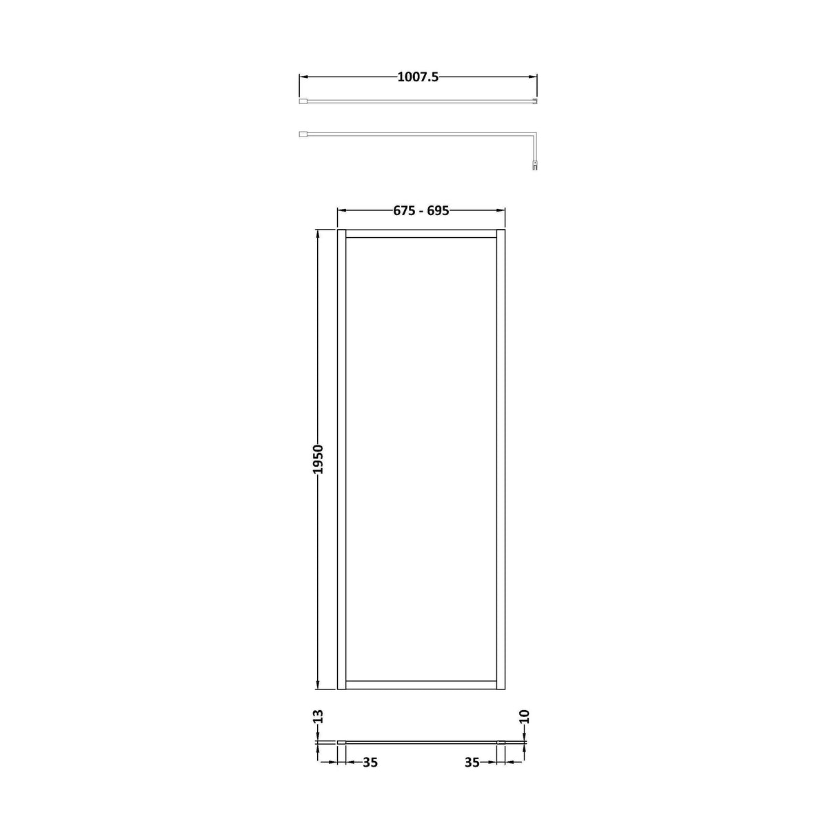 [BEFF700MB] Bilbrook 8mm Toughened Safety Glass Full Outer Framed Wetroom Screen with Support Arm, H: 1950mm, Choice of Size and Colour - Technical Drawing