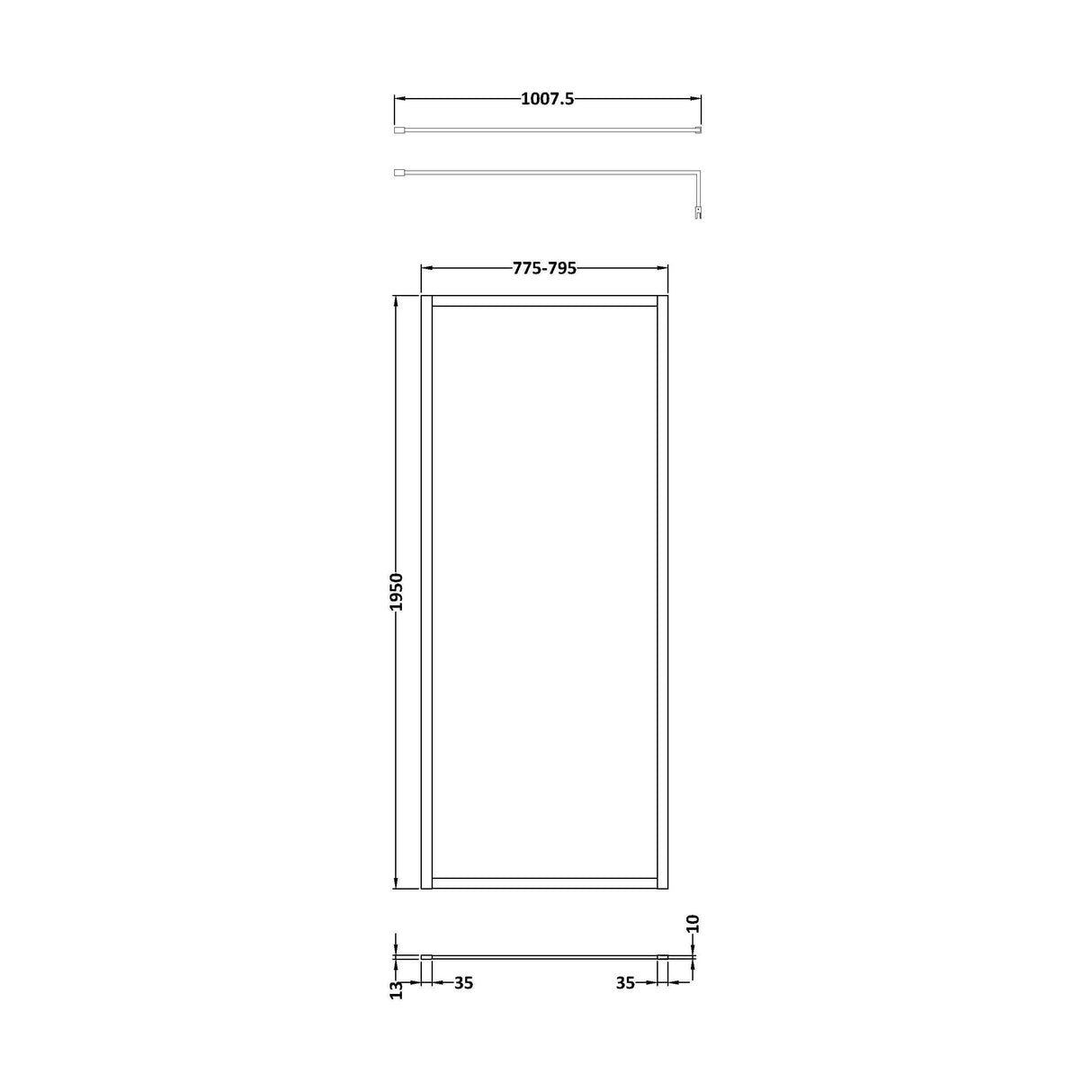 [BEFF800MB] Bilbrook 8mm Toughened Safety Glass Full Outer Framed Wetroom Screen with Support Arm, H: 1950mm, Choice of Size and Colour - Technical Drawing