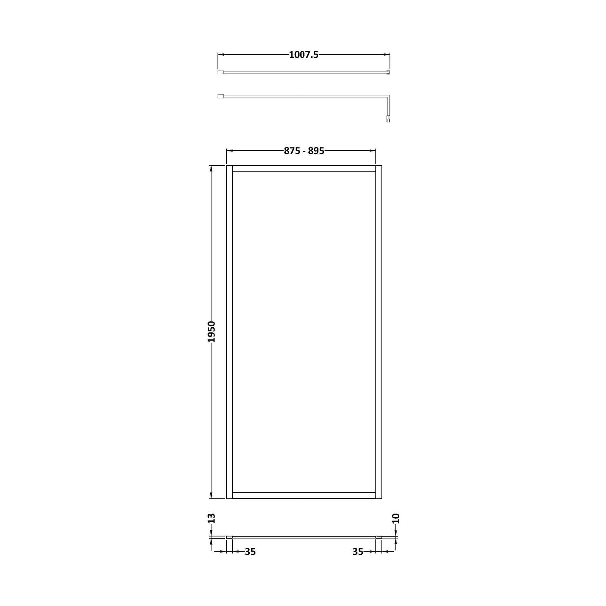 [BEFF900BB] Bilbrook 8mm Toughened Safety Glass Full Outer Framed Wetroom Screen with Support Arm, H: 1950mm, Choice of Size and Colour - Technical Drawing