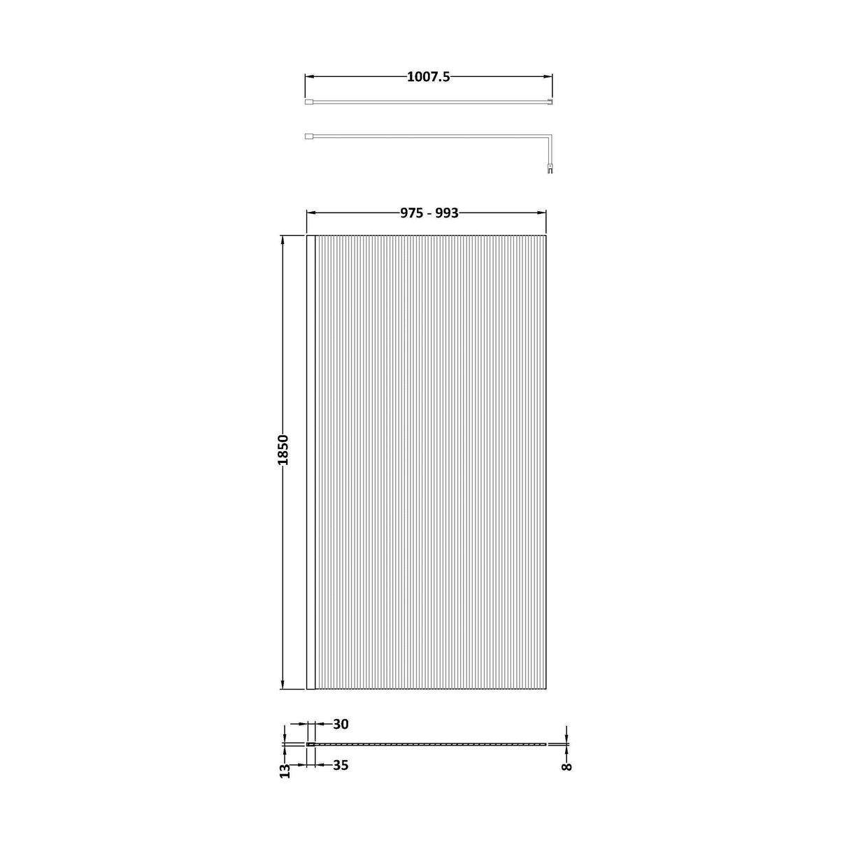 [BEFL1810BB] Shebdon 8mm Toughened Safety Glass Wetroom Screen with Support Bar, H: 1850mm, Choice of Size and Colour - Technical Drawing