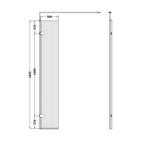 [BEFL1830BP] Balterley 8mm Fluted Toughened Safety Glass Hinged Return Screen with Support Bar: 300mm, Black - Technical Drawing