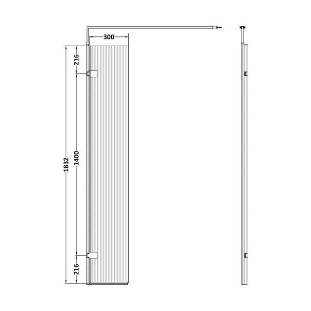 [BEFL1830BP] Balterley 8mm Fluted Toughened Safety Glass Hinged Return Screen with Support Bar: 300mm, Black - Technical Drawing