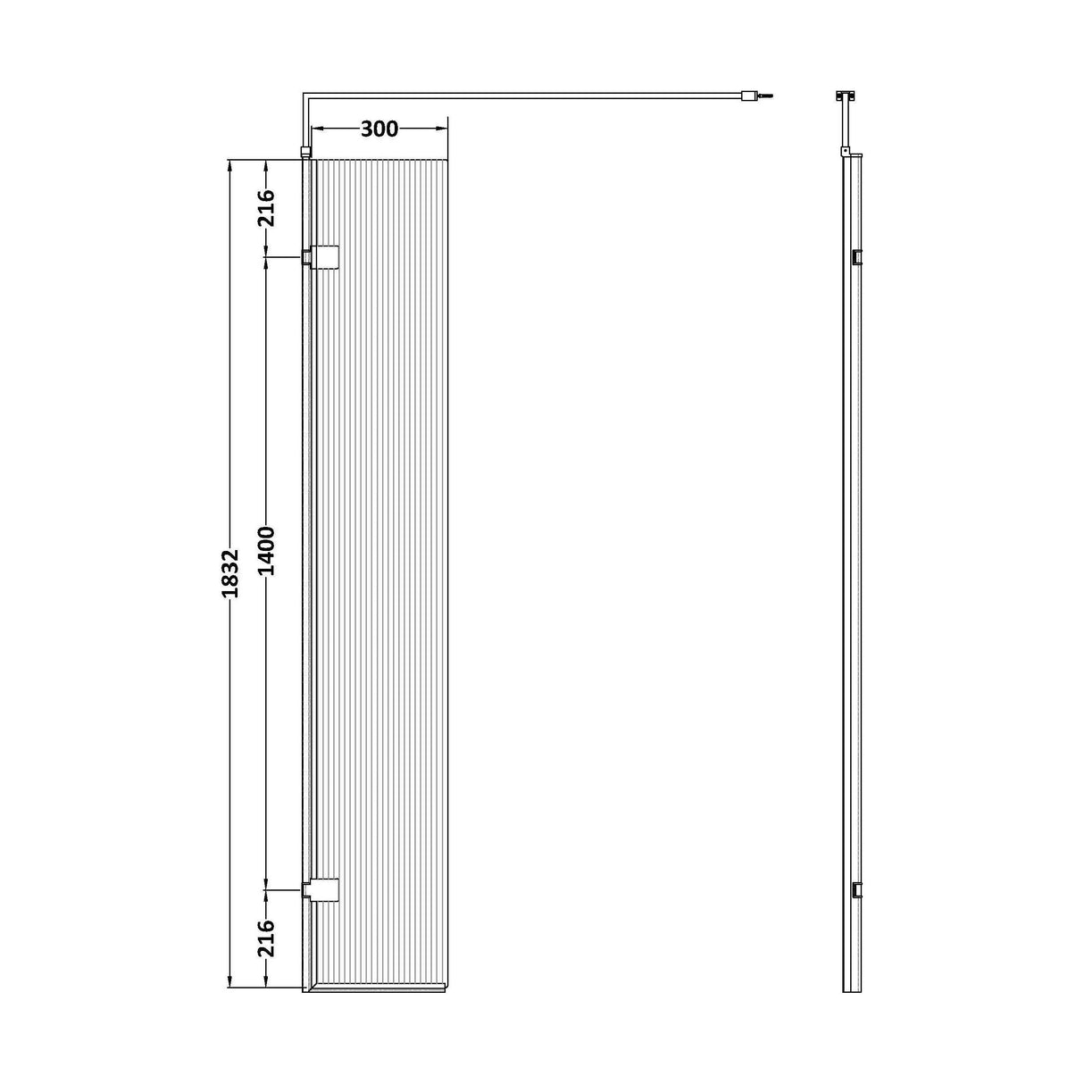 [BEFL1830BP] Shebdon 8mm Fluted Toughened Safety Glass Hinged Return Screen with Support Bar: 300mm, Choice of Colour - Technical Drawing