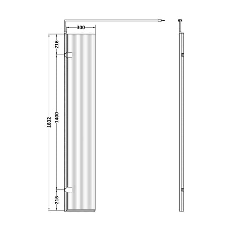 [BEFL1830BP] Shebdon 8mm Fluted Toughened Safety Glass Hinged Return Screen with Support Bar: 300mm, Choice of Colour - Technical Drawing