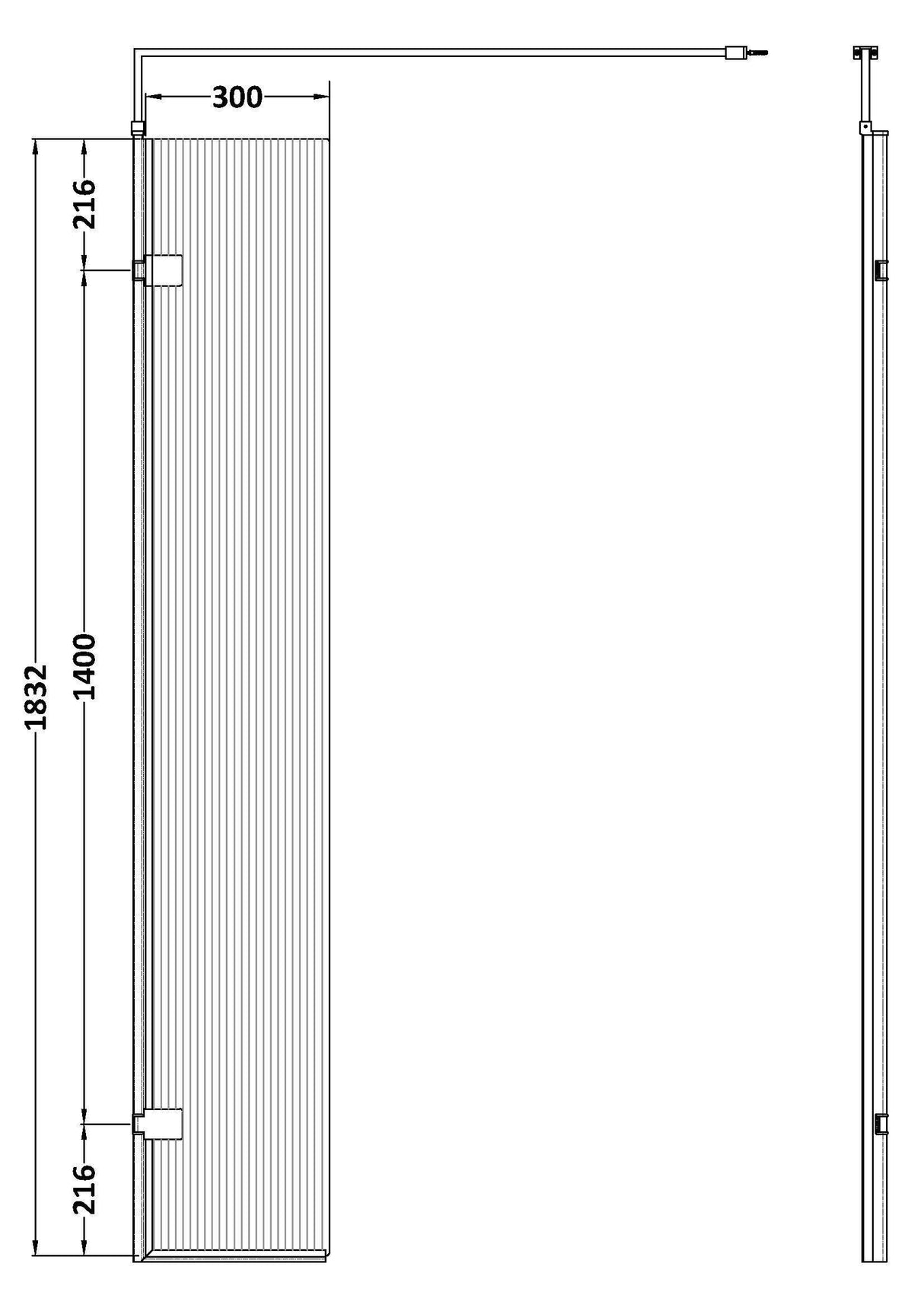 [BEFL1830GM] Shebdon 8mm Fluted Toughened Safety Glass Hinged Return Screen with Support Bar: 300mm, Choice of Colour - Technical Drawing