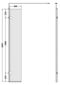 [BEFL1830GM] Shebdon 8mm Fluted Toughened Safety Glass Hinged Return Screen with Support Bar: 300mm, Choice of Colour - Technical Drawing