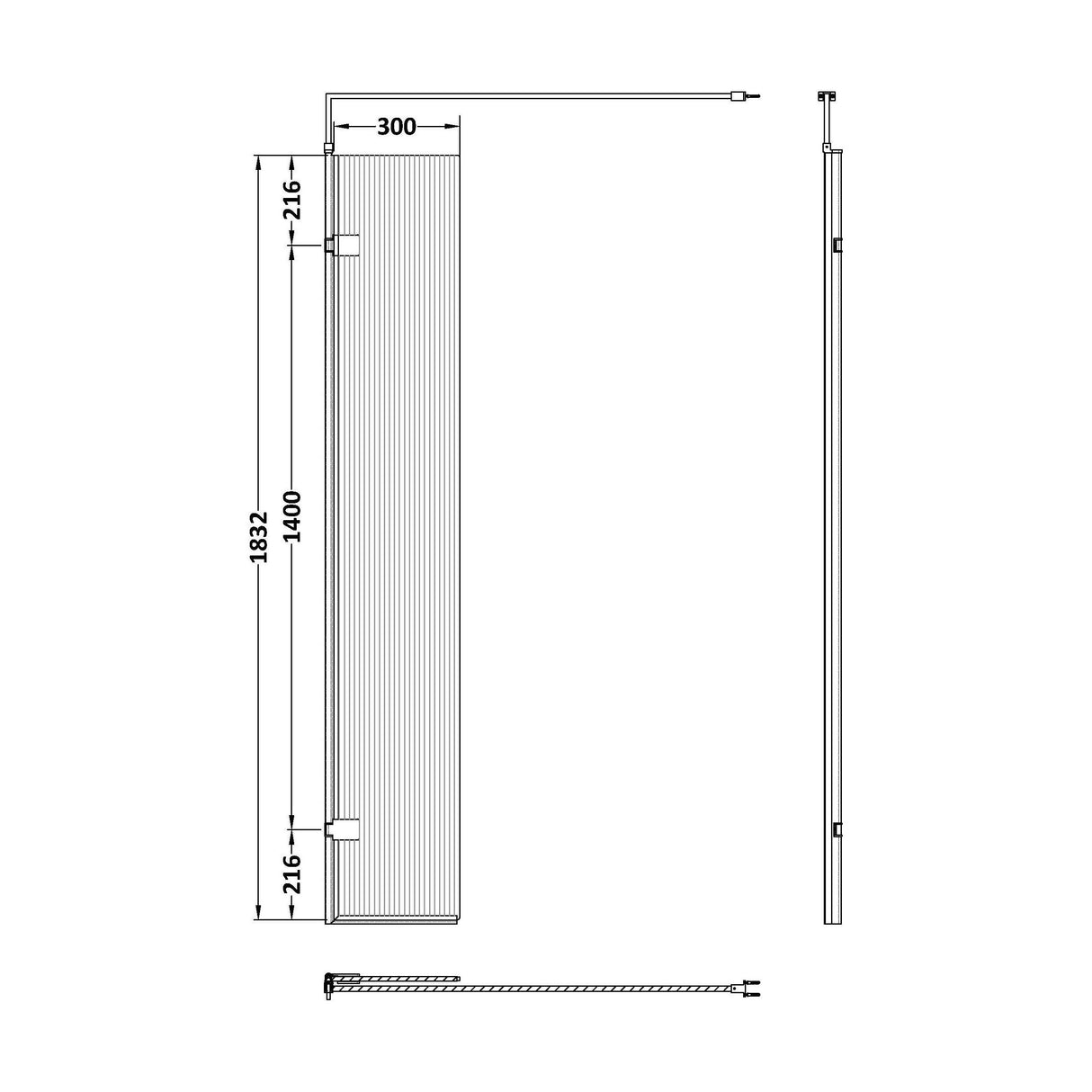[BEFL1830] Balterley 8mm Fluted Toughened Safety Glass Hinged Return Screen with Support Bar: 300mm, Chrome - Technical Drawing