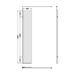 [BEFL1830] Shebdon 8mm Fluted Toughened Safety Glass Hinged Return Screen with Support Bar: 300mm, Choice of Colour - Technical Drawing