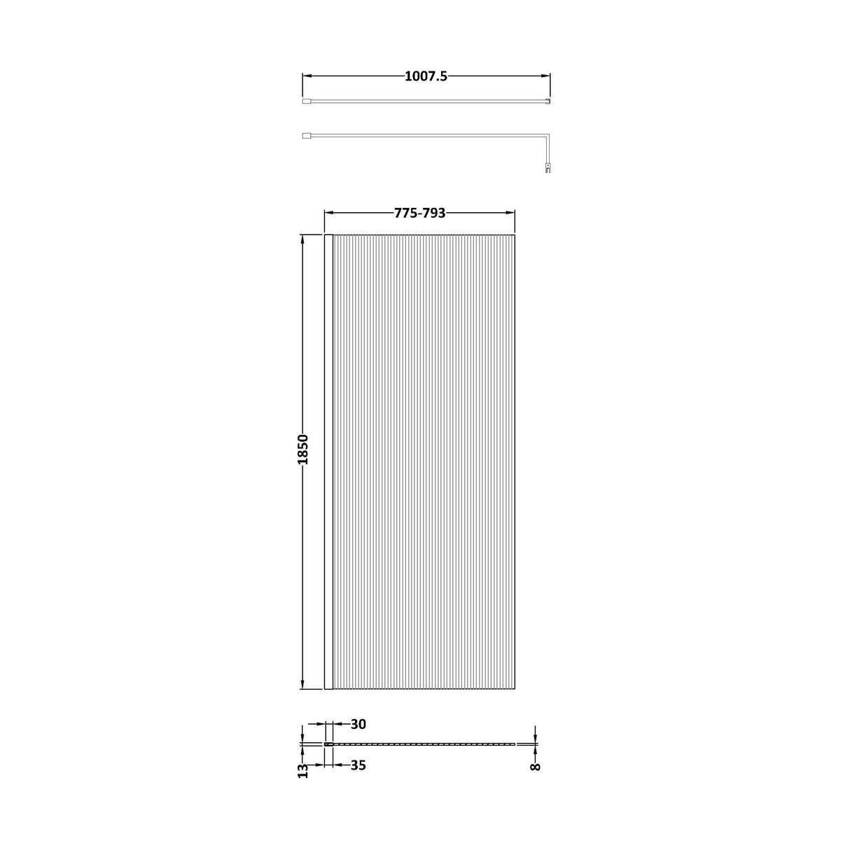 [BEFL1880BB] Balterley 8mm Fluted Toughened Safety Glass Wetroom Screen with Support Bar: 1850mm x 800mm, Brushed Brass - Technical Drawing
