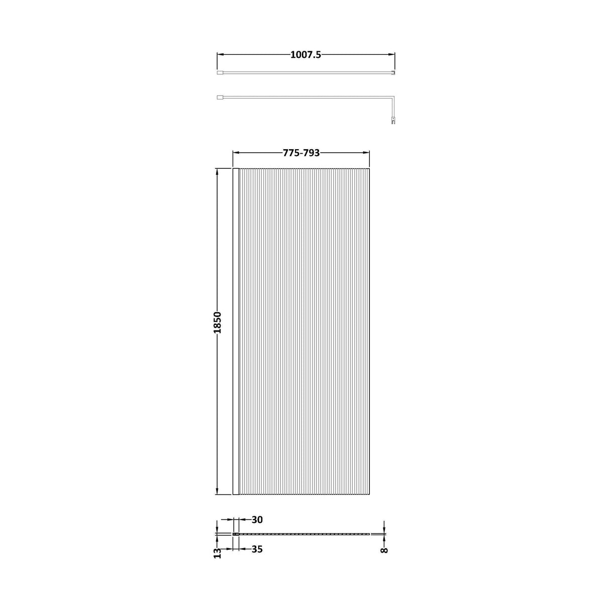 [BEFL1880BP] Shebdon 8mm Toughened Safety Glass Wetroom Screen with Support Bar, H: 1850mm, Choice of Size and Colour - Technical Drawing