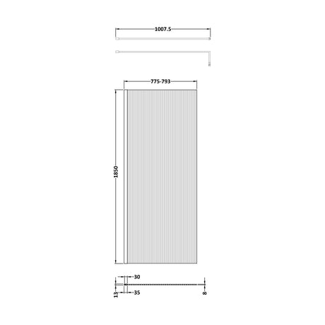 [BEFL1880] Balterley 8mm Fluted Toughened Safety Glass Wetroom Screen with Support Bar: 1850mm x 800mm, Chrome - Technical Drawing