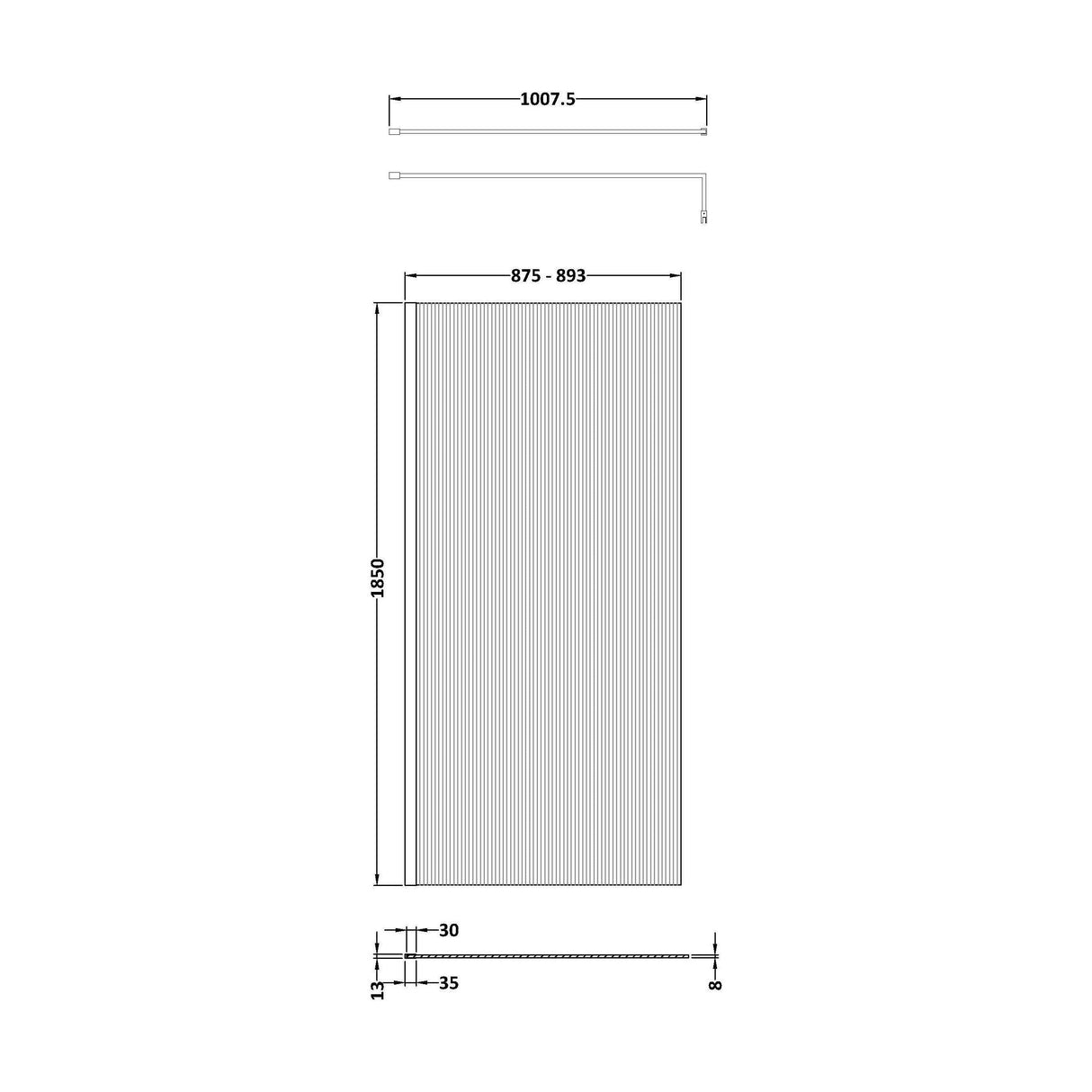 [BEFL1890BP] Shebdon 8mm Toughened Safety Glass Wetroom Screen with Support Bar, H: 1850mm, Choice of Size and Colour - Technical Drawing