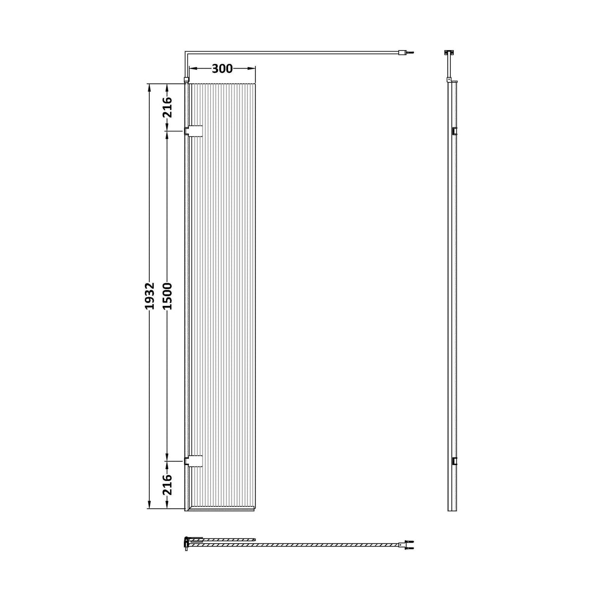 [BEFL19530BB] Balterley Contemporary Bathroom 8mm Fluted Glass Wetroom Hinged Screen with Support Bar, Chrome Finish, 1950 x 322 x 27mm - Technical Drawing