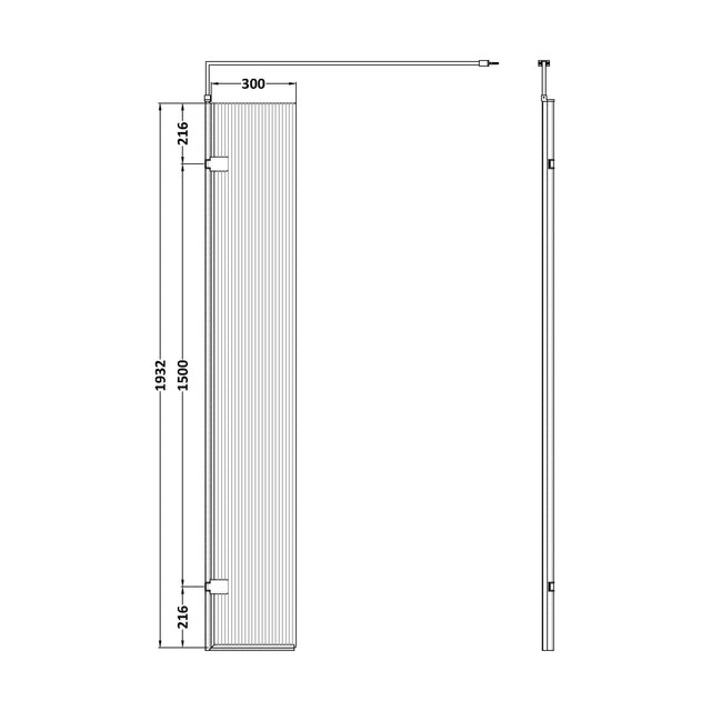 [BEFL19530H] Balterley Contemporary Bathroom 8mm Fluted Glass Wetroom Hinged Screen with Support Bar, Chrome Finish, 1950 x 322 x 27mm - Cutout