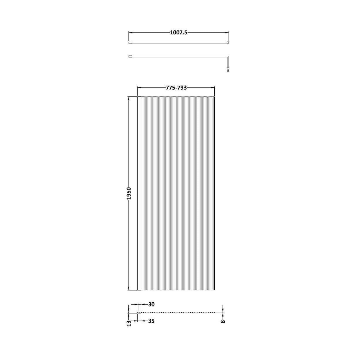 [BEFL19580MB] Balterley Contemporary Bathroom 8mm Fluted Glass Wetroom Screen with Support Bar, 1950 x 800 x 14mm, Polished Chrome - Technical Drawing